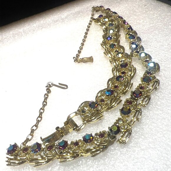 Coro Red Aurora Borealis Rhinestone Necklace 14-18" Bracelet 7.25" Vtg Set READ - Picture 9 of 10